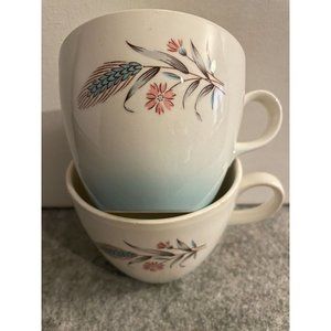 2 Vintage Coffee Cups Aqua Wheat with Pink Flower Mid Century   # 1490